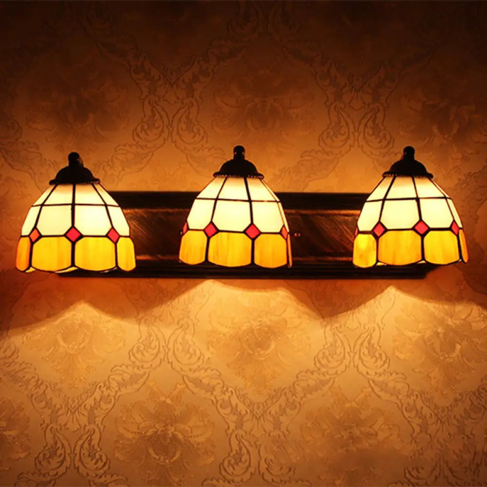 Grid Pattern Tiffany Orange & White Glass Wall Mount Sconce Light With 3 Bronze Heads