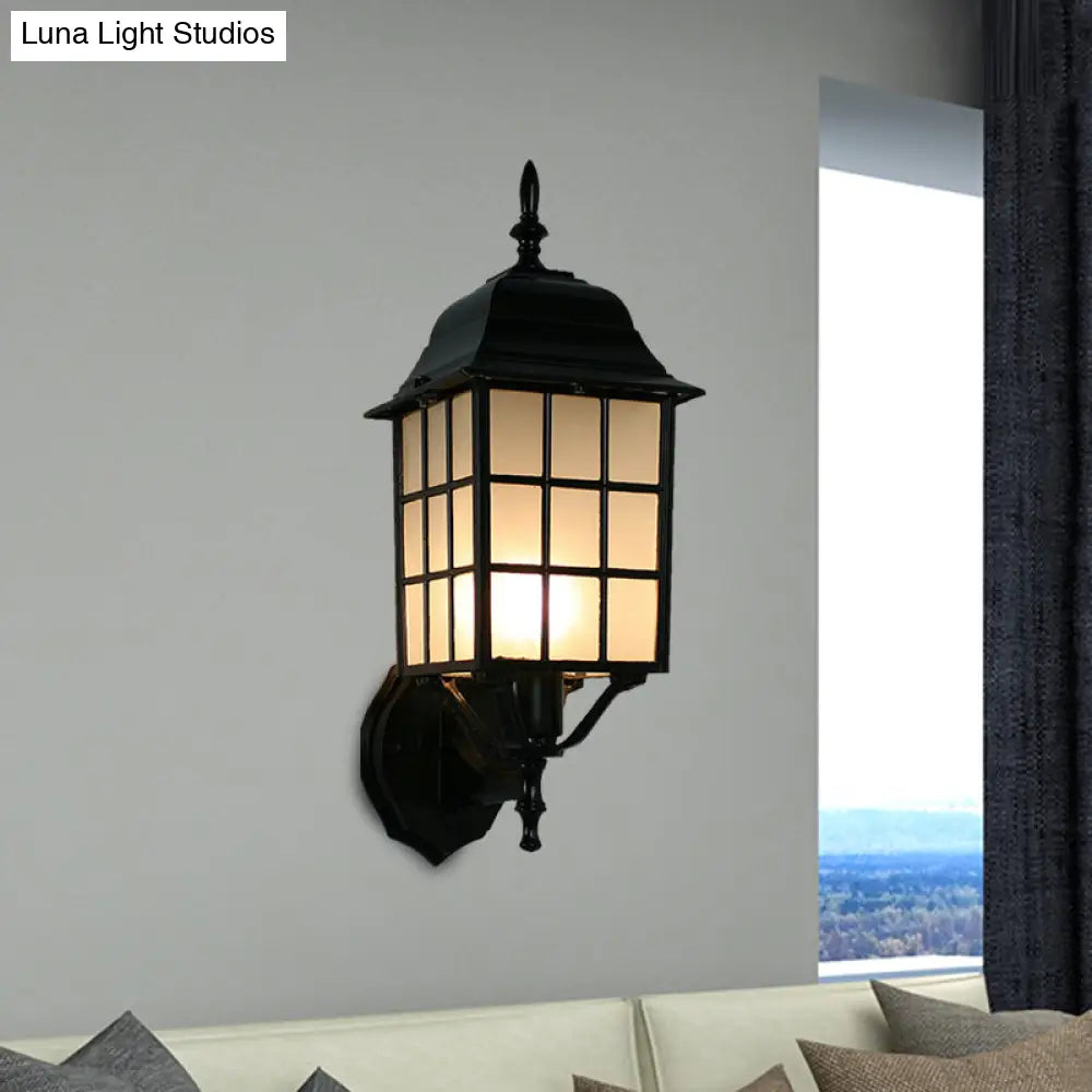 Grid Shape Wall Mounted Sconce In Black | Countryside Style 1-Head Aluminum Light With Frosted Glass