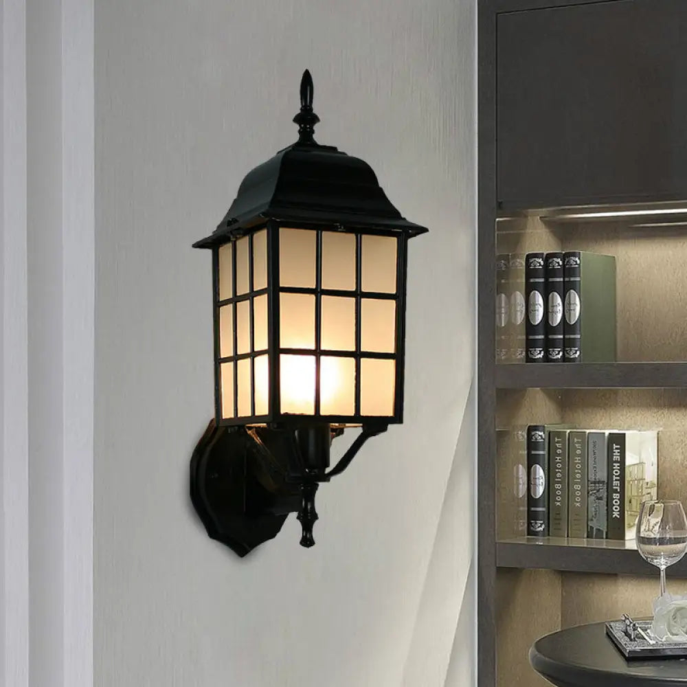 Grid Shape Wall Mounted Sconce In Black | Countryside Style 1-Head Aluminum Light With Frosted Glass