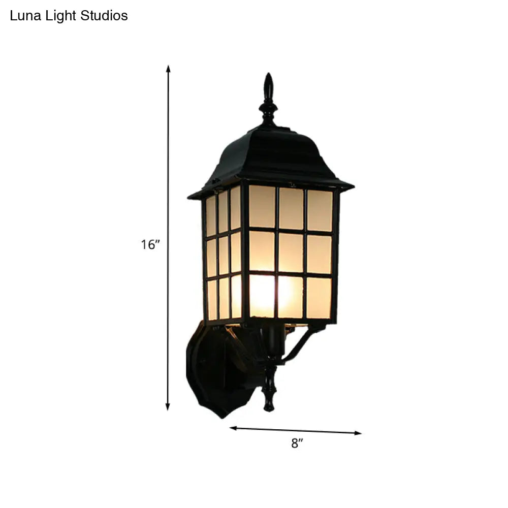 Grid Shape Wall Mounted Sconce In Black | Countryside Style 1-Head Aluminum Light With Frosted Glass