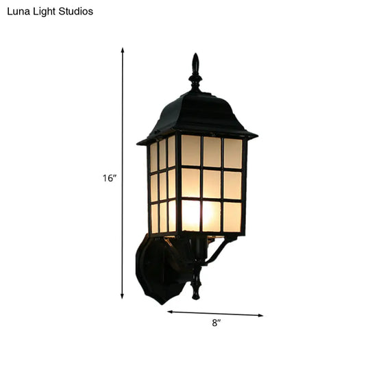 Grid Shape Wall Mounted Sconce In Black | Countryside Style 1-Head Aluminum Light With Frosted Glass