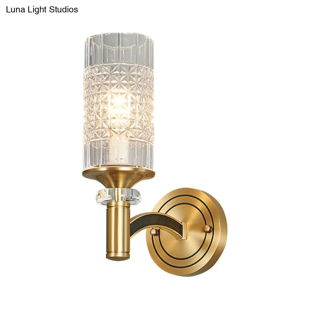 Gridded Crystal Wall Light Retro Brass Sconce For Living Room