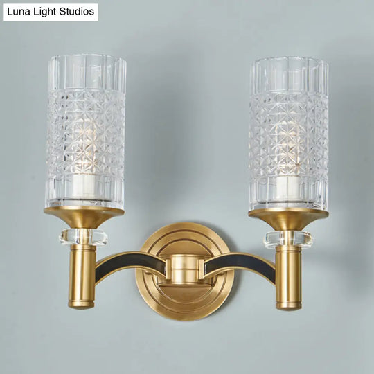 Gridded Crystal Wall Light Retro Brass Sconce For Living Room