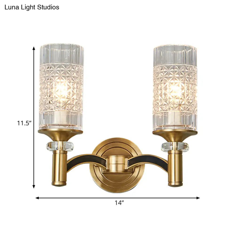 Gridded Crystal Wall Light Retro Brass Sconce For Living Room