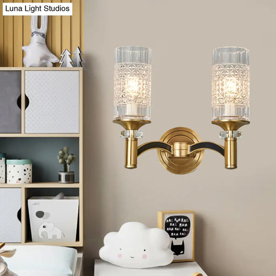 Gridded Crystal Wall Light Retro Brass Sconce For Living Room