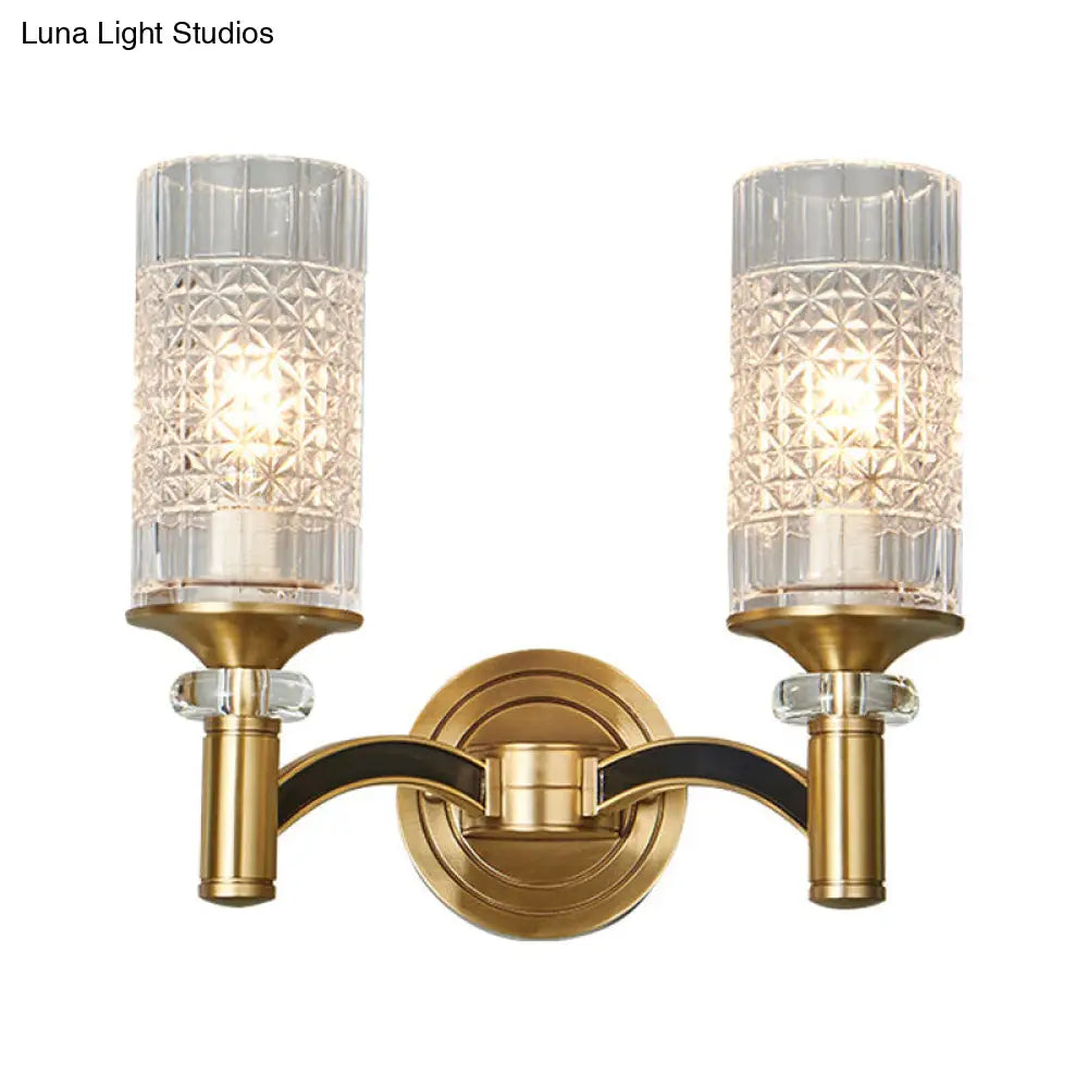 Gridded Crystal Wall Light Retro Brass Sconce For Living Room