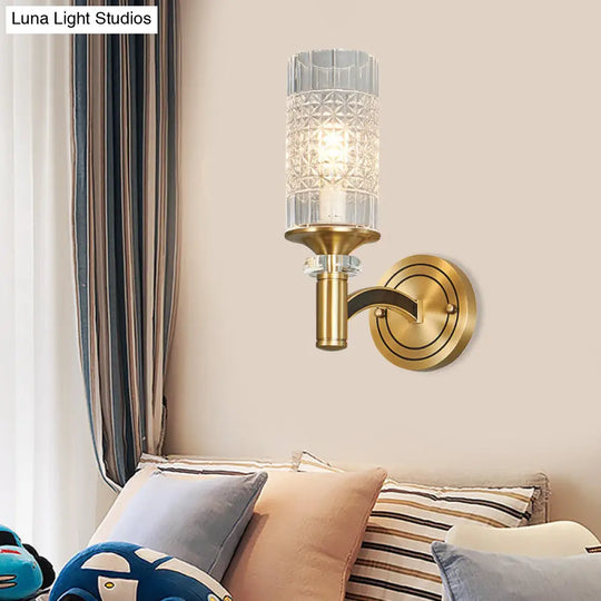 Gridded Crystal Wall Light Retro Brass Sconce For Living Room