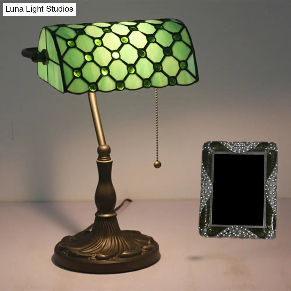 Gridded Glass Antique Nightstand Lamp With Pull Chain - Half Cylinder Table Lighting 1-Light