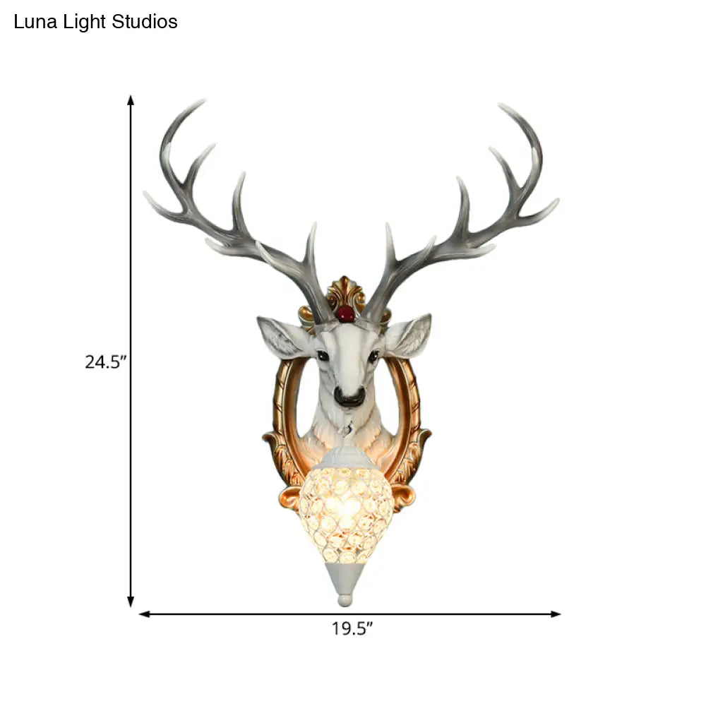 Gridded Raindrop Sconce Wall Mounted Lamp With Deer Resin Accent Countryside White/Yellow Crystal