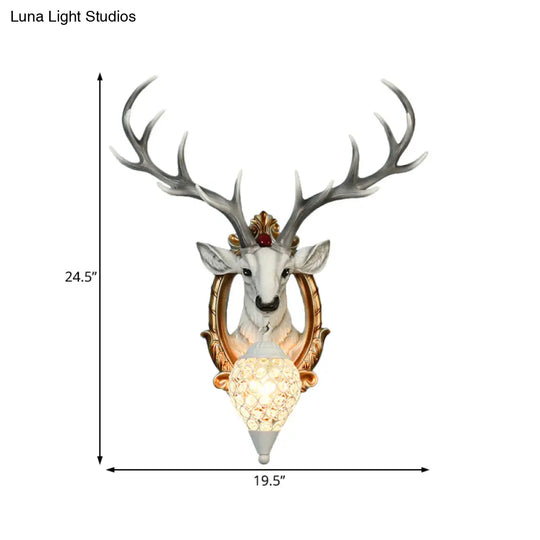 Gridded Raindrop Sconce Wall Mounted Lamp With Deer Resin Accent Countryside White/Yellow Crystal