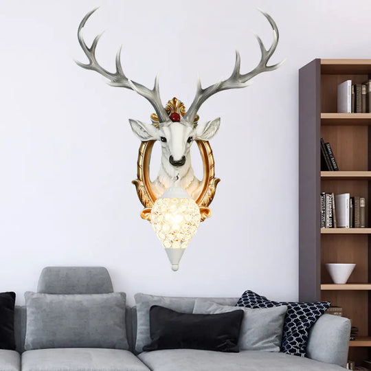 Gridded Raindrop Sconce Wall Mounted Lamp With Deer Resin Accent Countryside White/Yellow Crystal