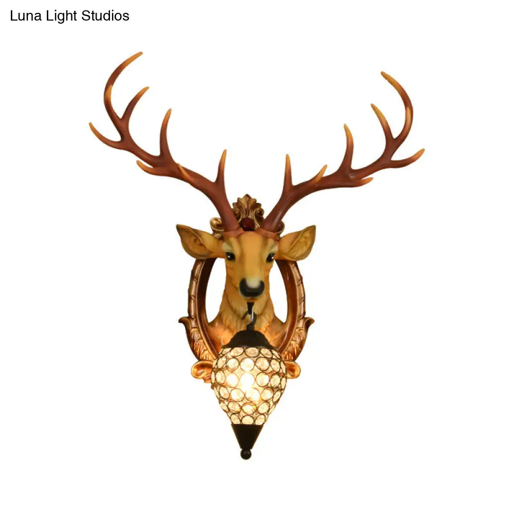 Gridded Raindrop Sconce Wall Mounted Lamp With Deer Resin Accent Countryside White/Yellow Crystal