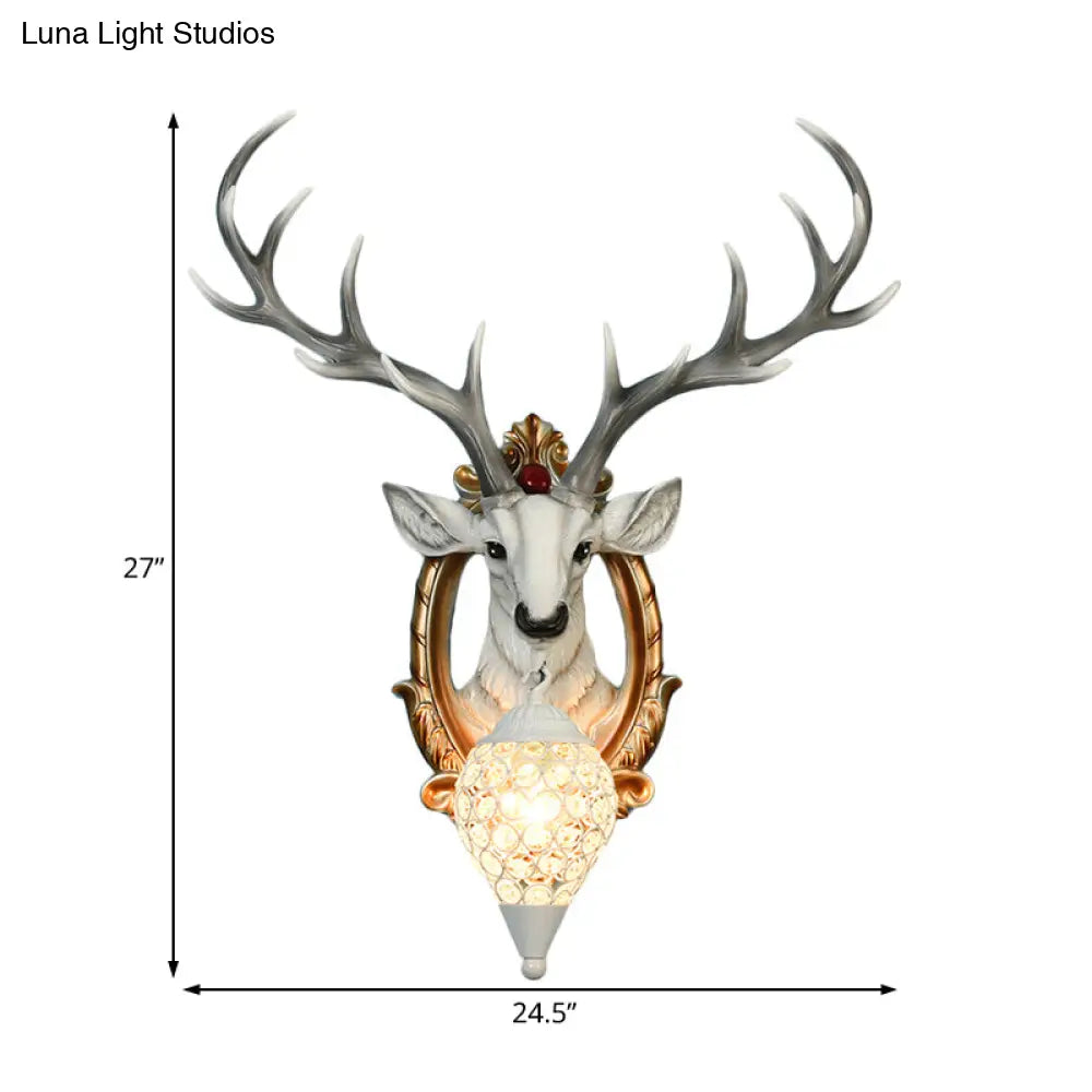 Gridded Raindrop Sconce Wall Mounted Lamp With Deer Resin Accent Countryside White/Yellow Crystal