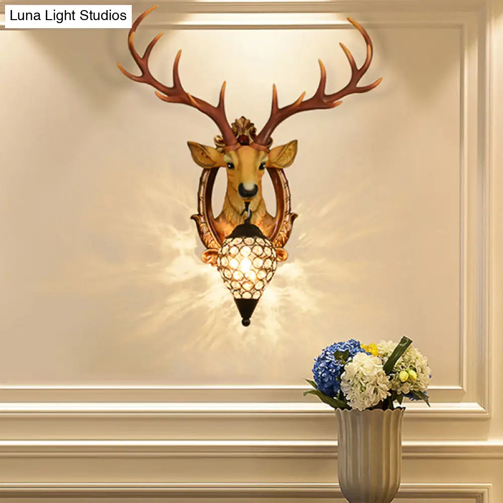 Gridded Raindrop Sconce Wall Mounted Lamp With Deer Resin Accent Countryside White/Yellow Crystal