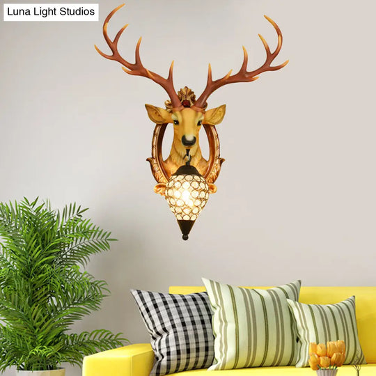 Gridded Raindrop Sconce Wall Mounted Lamp With Deer Resin Accent Countryside White/Yellow Crystal