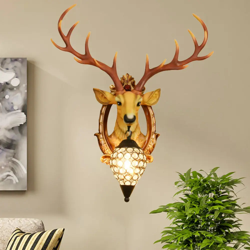 Gridded Raindrop Sconce Wall Mounted Lamp With Deer Resin Accent Countryside White/Yellow Crystal