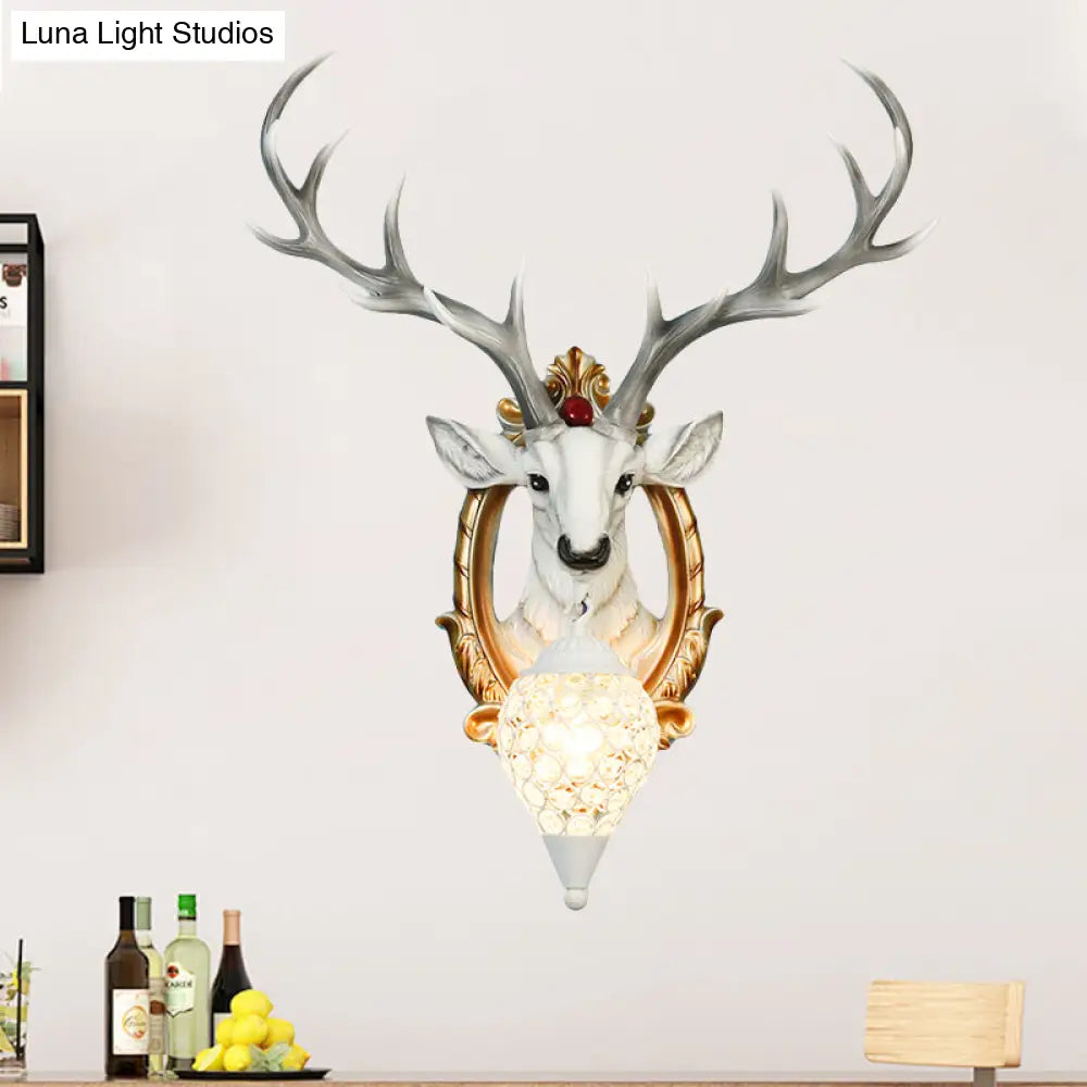 Gridded Raindrop Sconce Wall Mounted Lamp With Deer Resin Accent Countryside White/Yellow Crystal