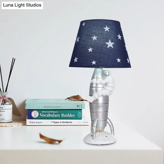 Silver Rocket Astronaut Table Lamp - Kids Night Light With Barrel Shade