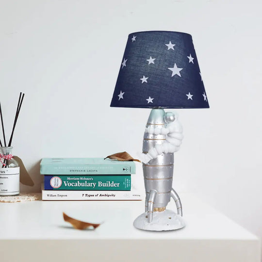 Gwendoline - Silver Rocket Astronaut Table Light Kids Night Lamp With Fabric Shade