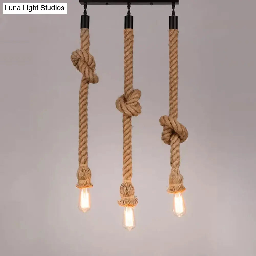 Hanging Rope Knot Pendant Light With 3 Naked Bulbs For Kitchen Bar - 39/59 H Brown Countryside