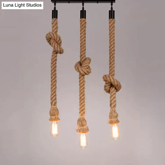 Hanging Rope Knot Pendant Light With 3 Naked Bulbs For Kitchen Bar - 39/59 H Brown Countryside