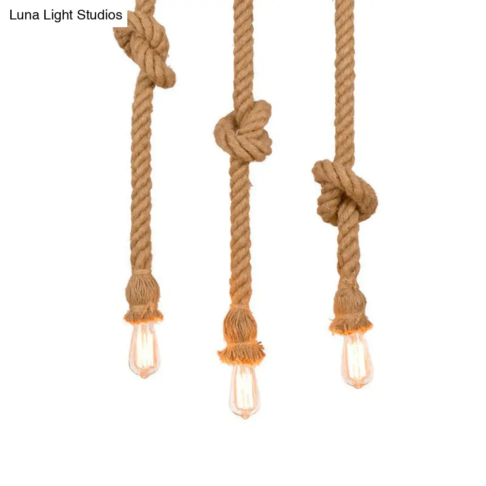 Hanging Rope Knot Pendant Light With 3 Naked Bulbs For Kitchen Bar - 39/59 H Brown Countryside