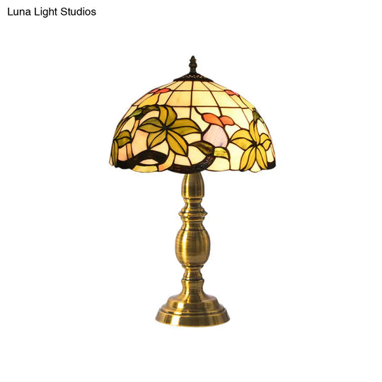 Stained Glass Tiffany Style Table Lamp: Domed Petal Pattern Night Light - Brushed Brass Finish