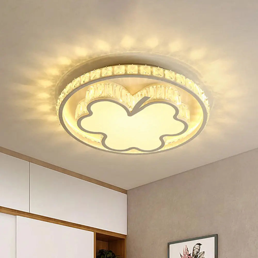 Halo Led Crystal White Flush Mount With Simple Beveled Design For Bedroom Ceiling