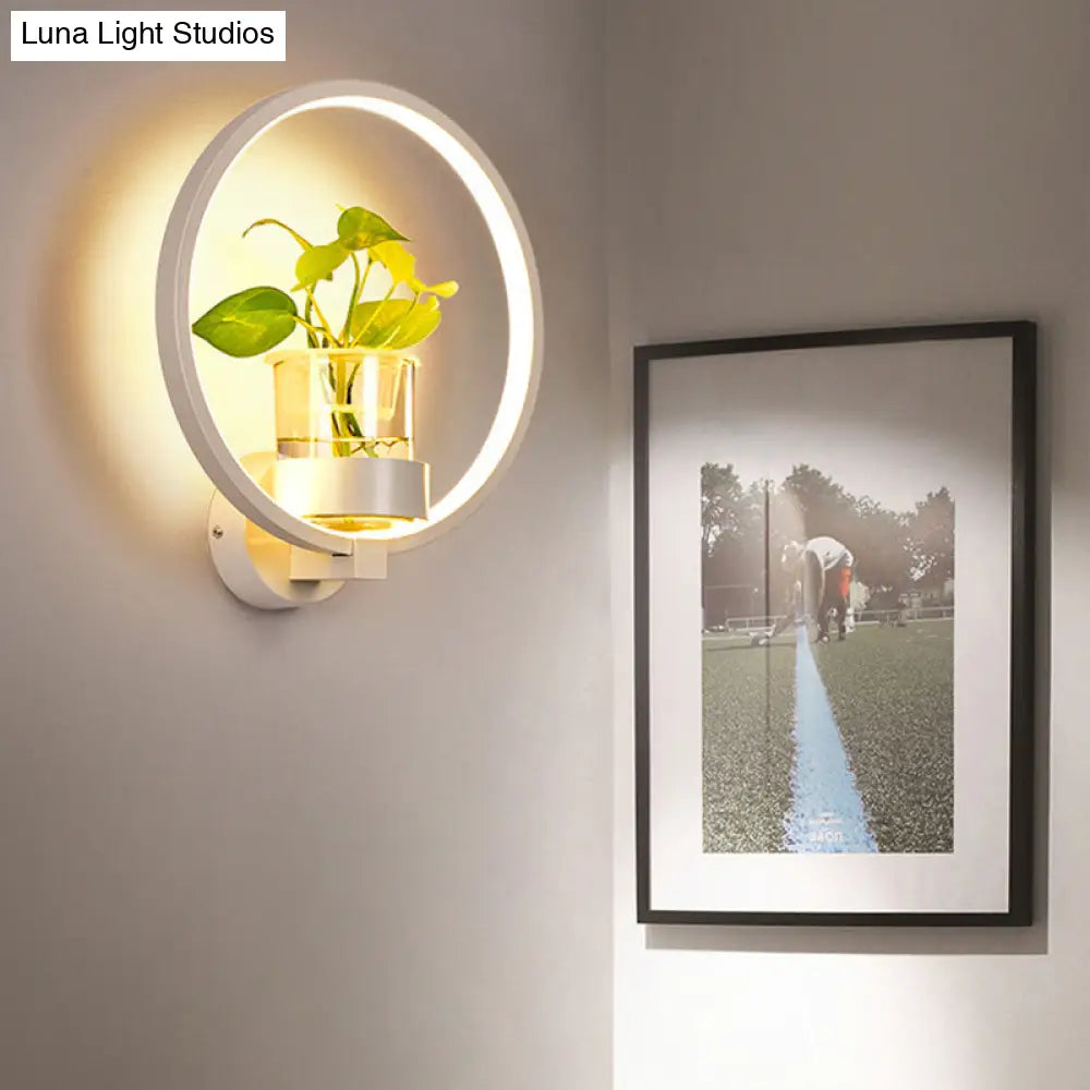 Halo Led Wall Sconce With Hydroponic Glass Pot - Decorative Metal Bedroom Light Fixture