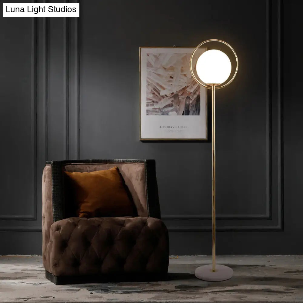 Halo Ring Minimal Metal Floor Lamp With White Glass Shade