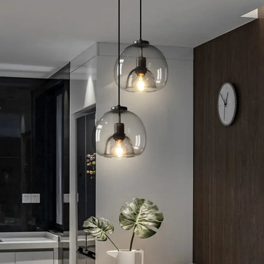 Hand-Blown Glass Dome Hanging Lamp Minimalist 1-Light Black Pendant Light Fixture Over Table