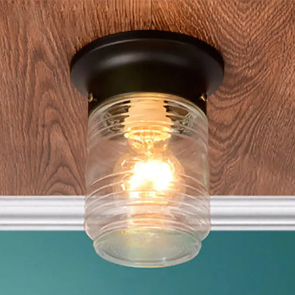 Hand Blown Glass Industrial Ceiling Light With Cylinder Shape And Flush Mount - Black/White Black