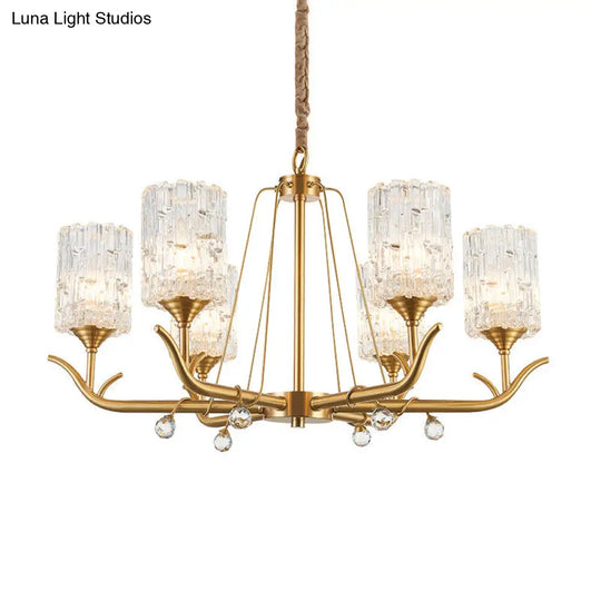 Hand-Blown Textured Glass Chandelier - 3/6/8-Light Postmodern Brass Cylinder Dining Room Ceiling