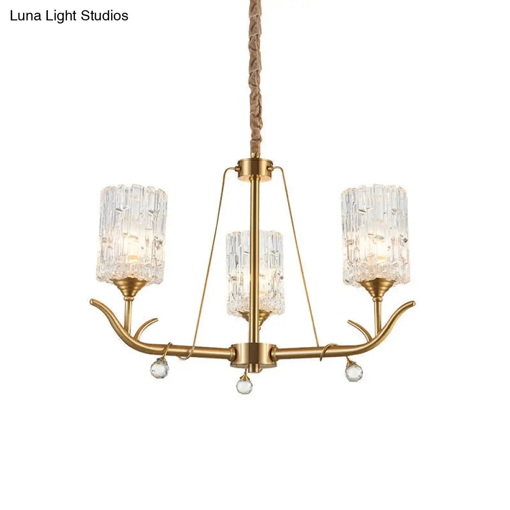 Textured Glass Chandelier - Postmodern Brass Cylinder Ceiling Light With 3/6/8 Lights Perfect For