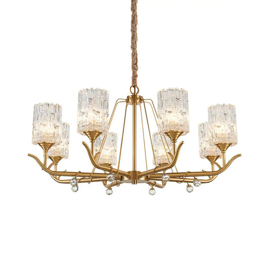 Hand-Blown Textured Glass Chandelier - 3/6/8-Light Postmodern Brass Cylinder Dining Room Ceiling