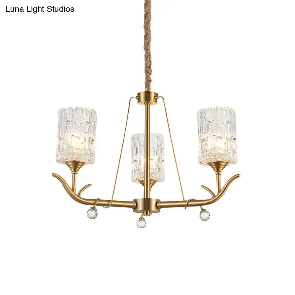 Hand-Blown Textured Glass Chandelier - 3/6/8-Light Postmodern Brass Cylinder Dining Room Ceiling