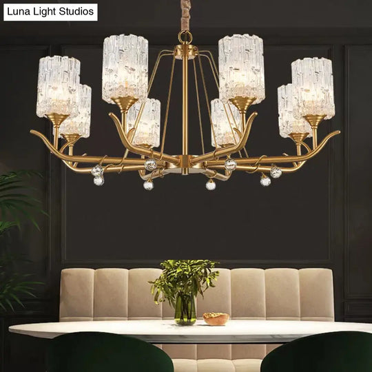 Textured Glass Chandelier - Postmodern Brass Cylinder Ceiling Light With 3/6/8 Lights Perfect For