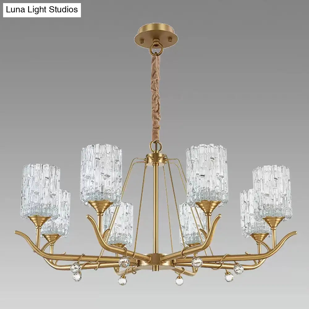 Hand-Blown Textured Glass Chandelier - 3/6/8-Light Postmodern Brass Cylinder Dining Room Ceiling