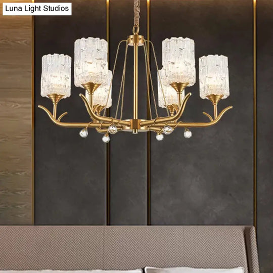 Textured Glass Chandelier - Postmodern Brass Cylinder Ceiling Light With 3/6/8 Lights Perfect For