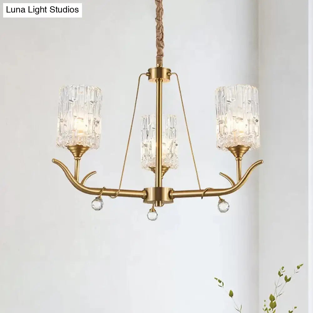 Textured Glass Chandelier - Postmodern Brass Cylinder Ceiling Light With 3/6/8 Lights Perfect For