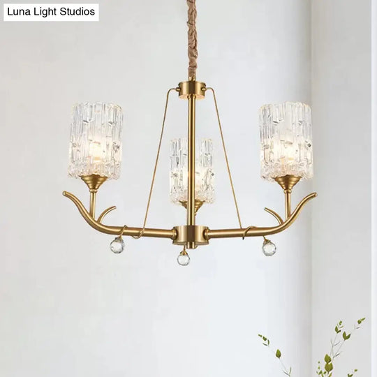 Textured Glass Chandelier - Postmodern Brass Cylinder Ceiling Light With 3/6/8 Lights Perfect For