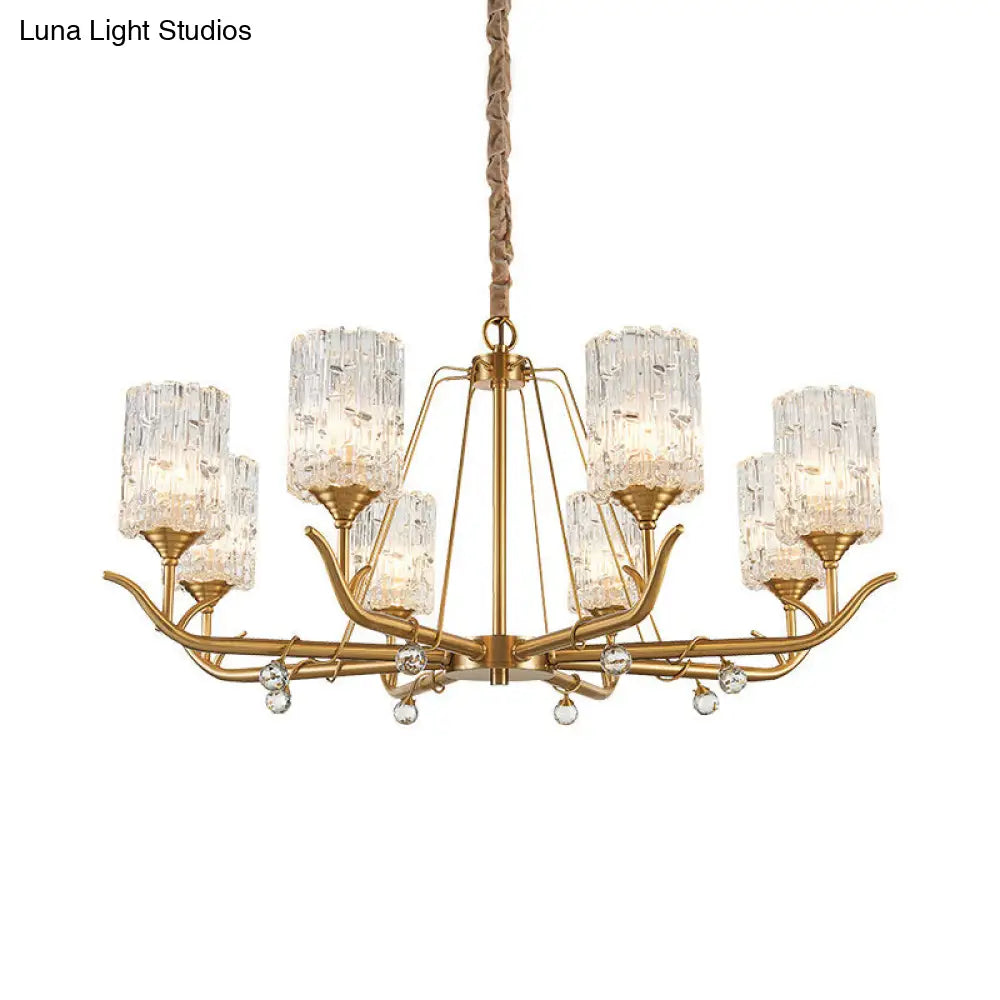 Textured Glass Chandelier - Postmodern Brass Cylinder Ceiling Light With 3/6/8 Lights Perfect For