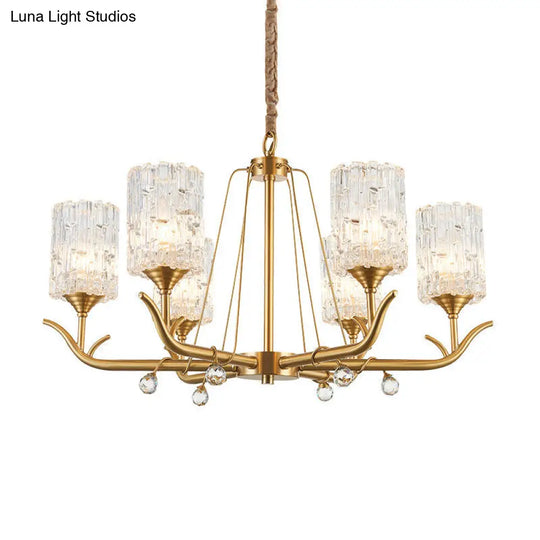 Textured Glass Chandelier - Postmodern Brass Cylinder Ceiling Light With 3/6/8 Lights Perfect For