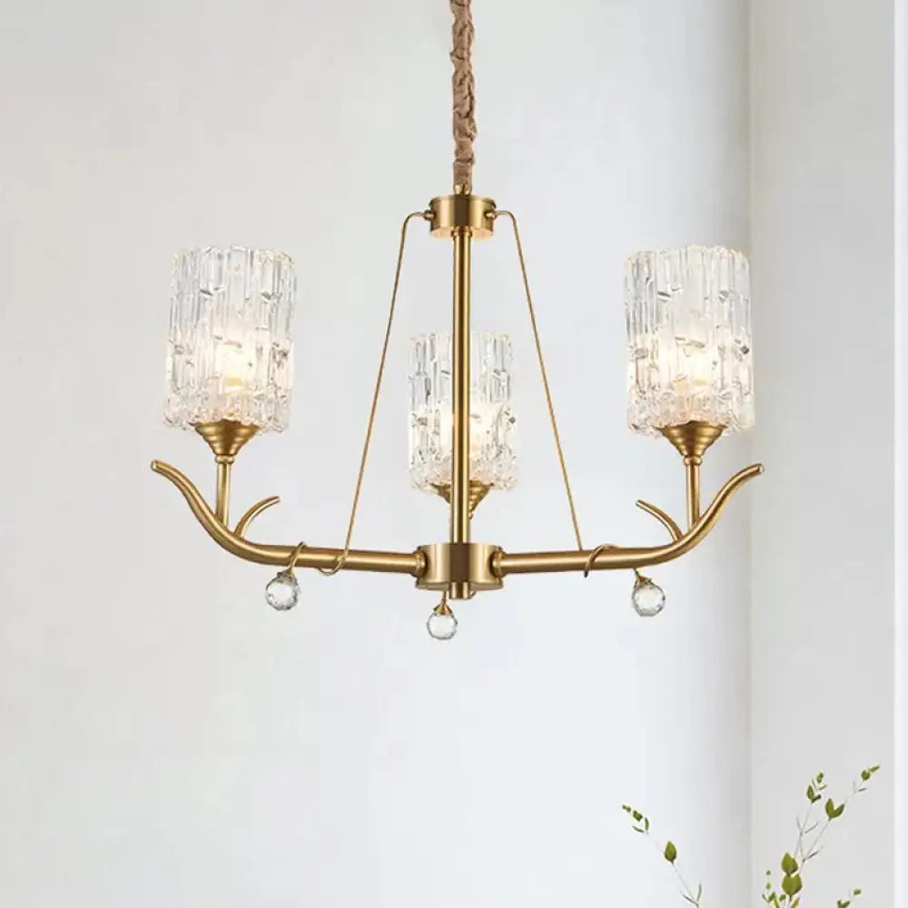 Hand-Blown Textured Glass Chandelier - 3/6/8-Light Postmodern Brass Cylinder Dining Room Ceiling