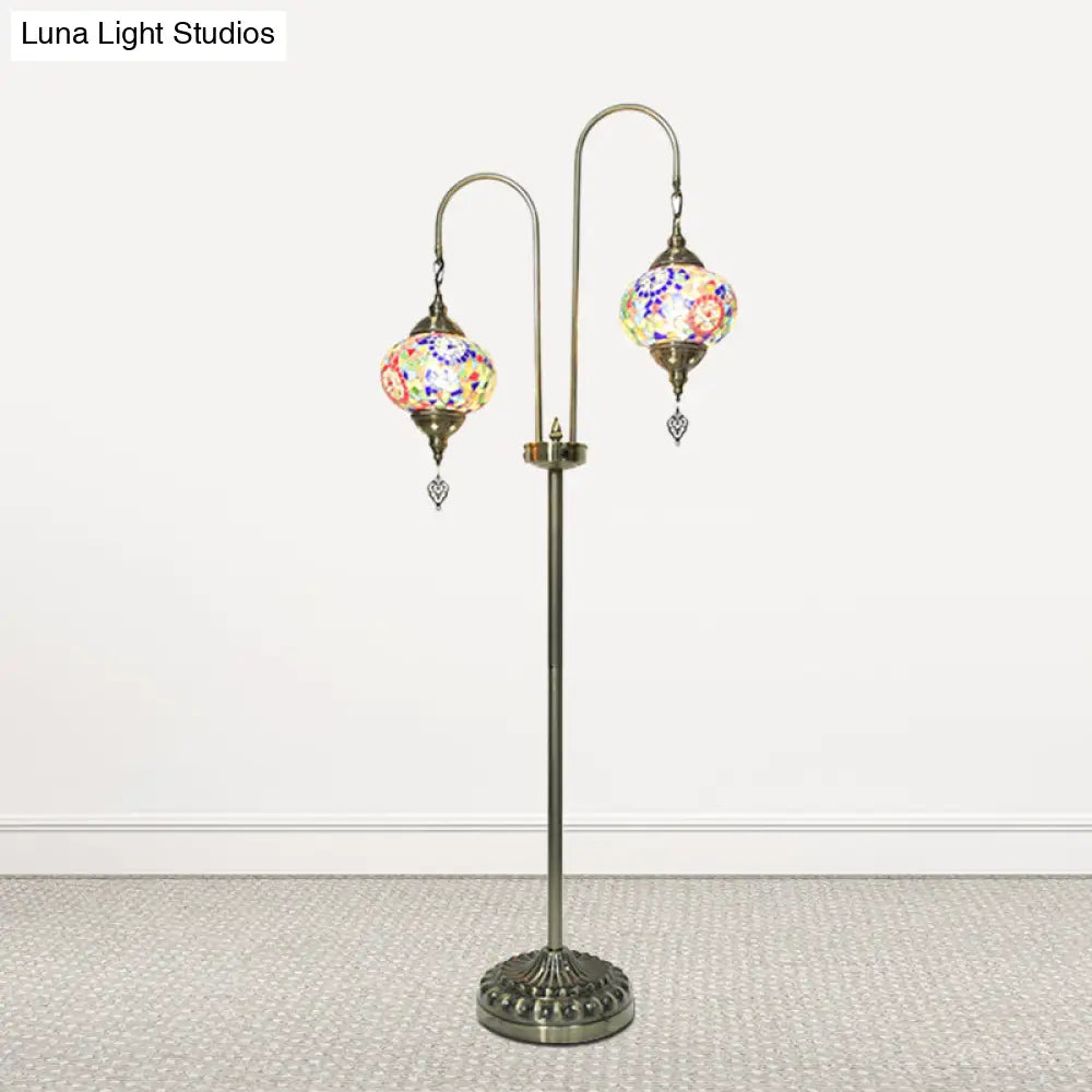 Hand-Crafted Glass Oval Floor Reading Lamp With 2 Lights In Traditional White/Blue/Yellow Design