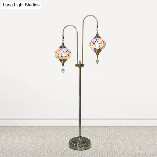 Hand-Crafted Glass Oval Floor Reading Lamp With 2 Lights In Traditional White/Blue/Yellow Design