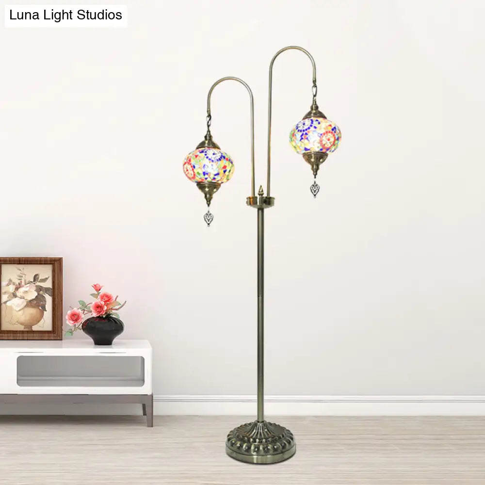 Hand-Crafted Glass Oval Floor Reading Lamp With 2 Lights In Traditional White/Blue/Yellow Design