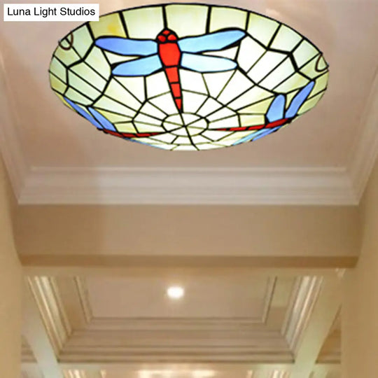 Hand-Crafted Sky Blue Dragonfly Tiffany Glass Ceiling Flush Mount Light