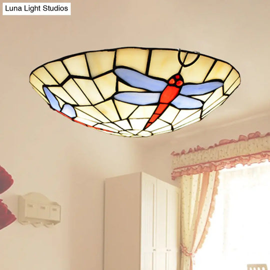 Hand - Crafted Sky Blue Dragonfly Tiffany Glass Ceiling Flush Mount Light