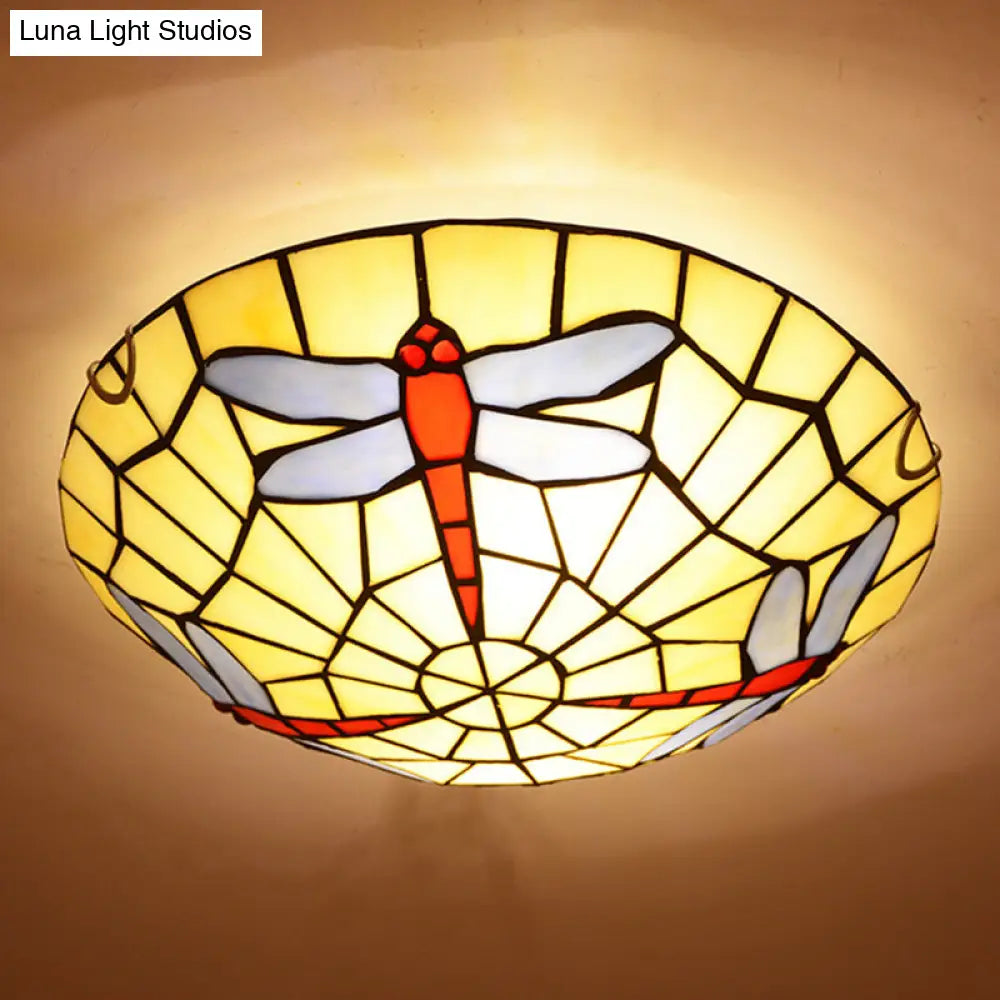 Hand-Crafted Sky Blue Dragonfly Tiffany Glass Ceiling Flush Mount Light